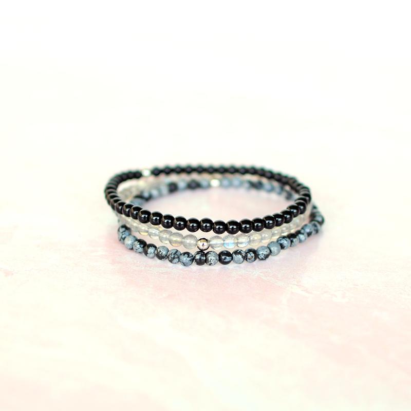 "Protect Your Energy" Natural Crystal Bracelet Set | Labradorite, Black Onyx & Snowflake Obsidian