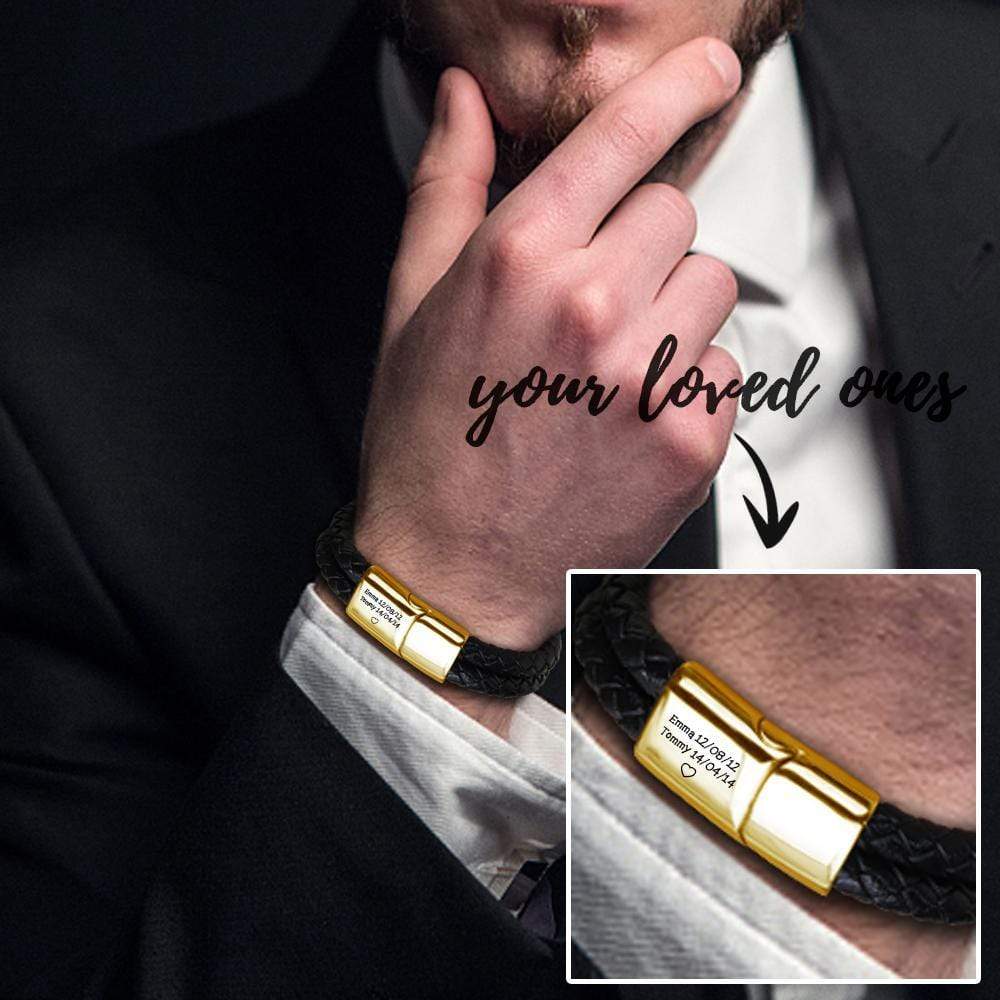 Bracelet en cuir noir gravé