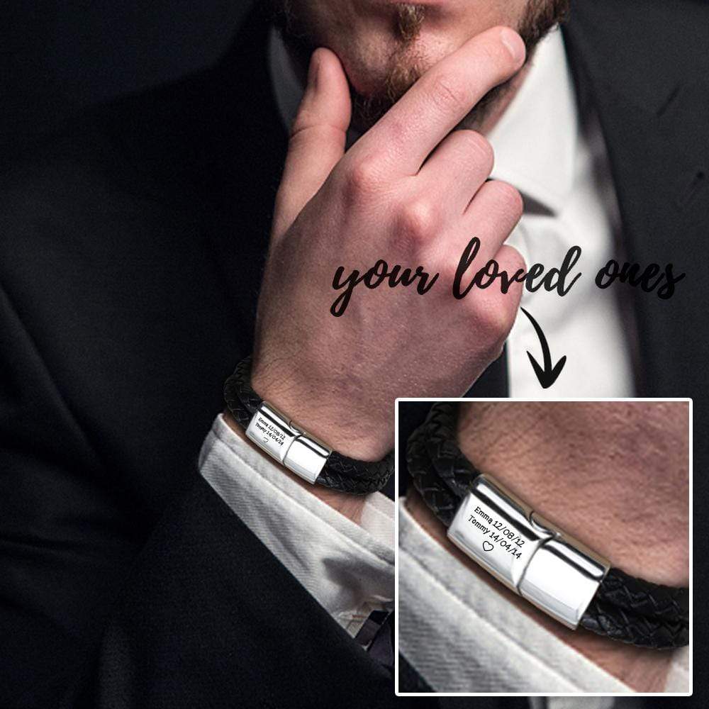 Bracelet en cuir noir gravé