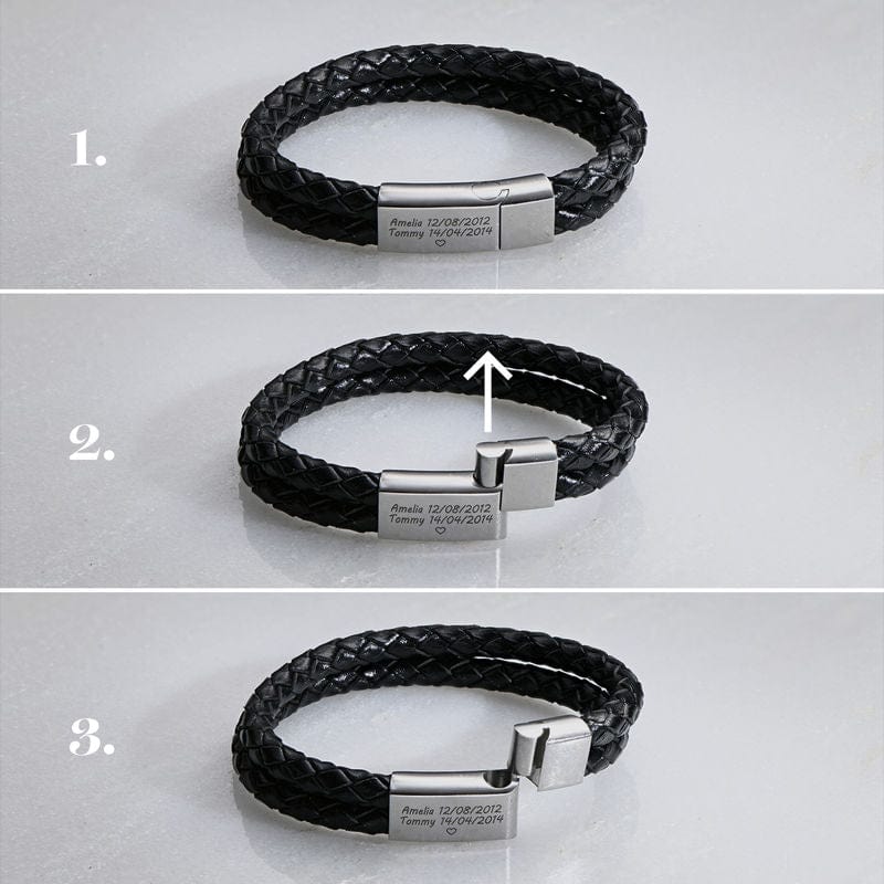Bracelet en cuir noir gravé