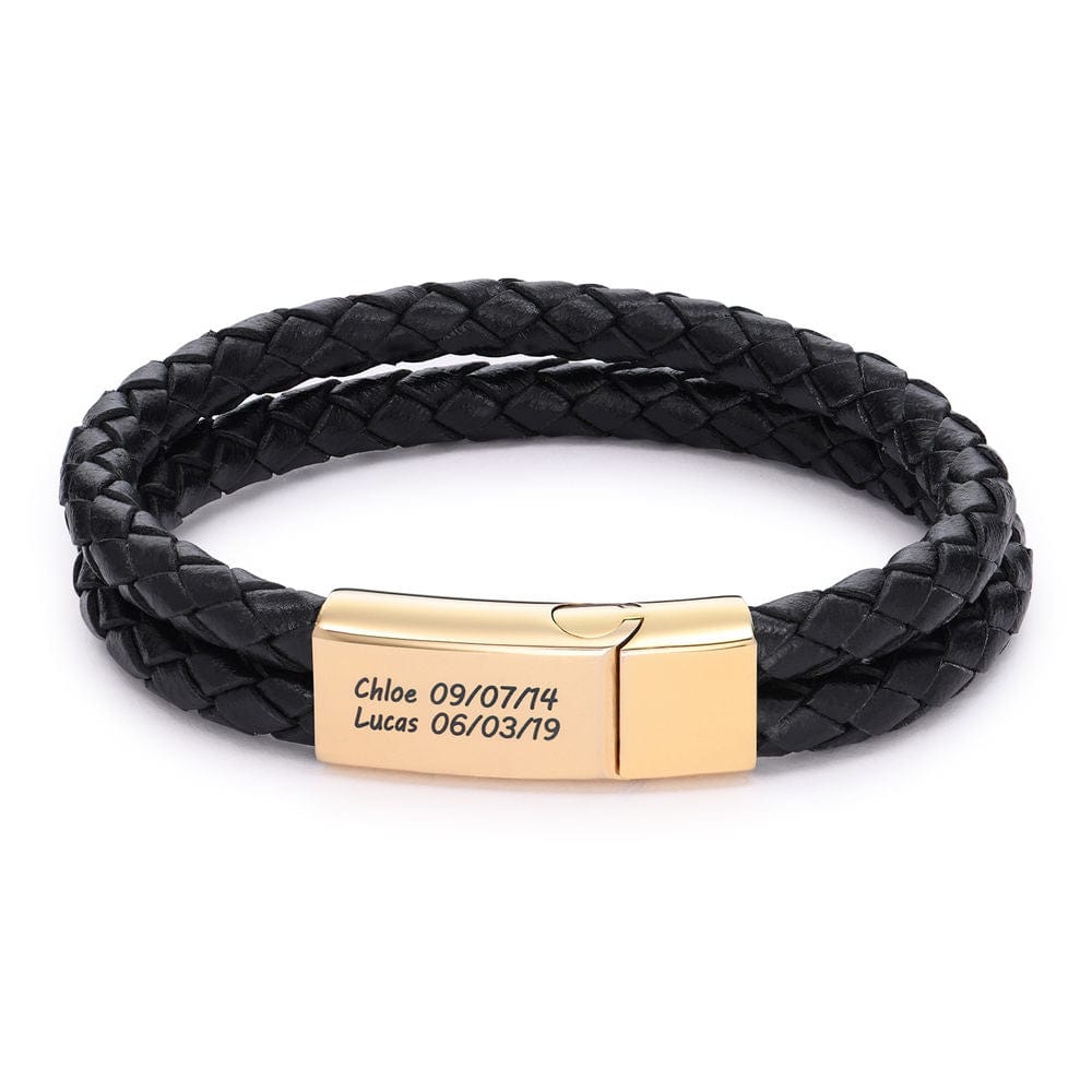 Bracelet en cuir noir gravé
