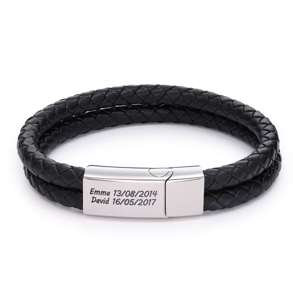 Bracelet en cuir noir gravé