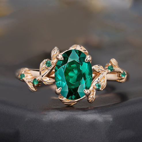 Lab Emerald Art Deco Nature Inspired Leaf Ring