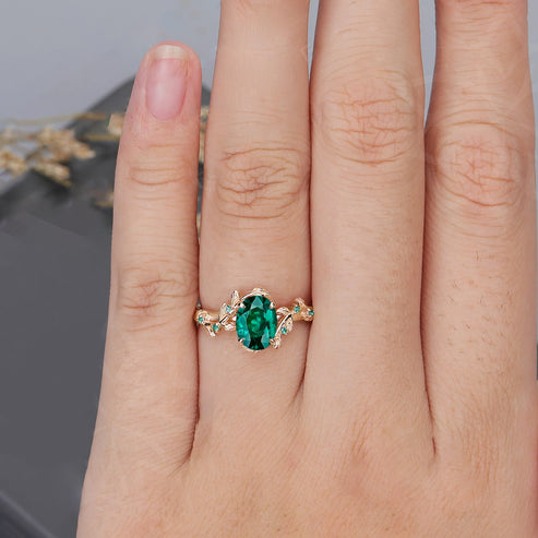 Lab Emerald Art Deco Nature Inspired Leaf Ring