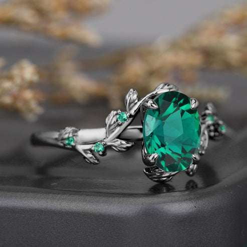 Lab Emerald Art Deco Nature Inspired Leaf Ring