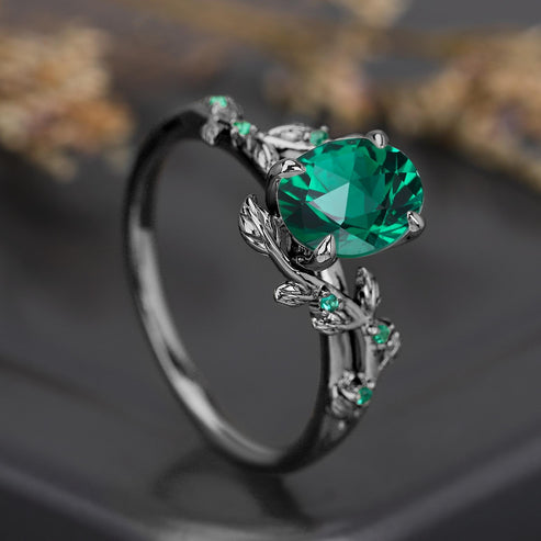 Lab Emerald Art Deco Nature Inspired Leaf Ring