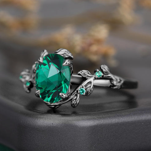 Lab Emerald Art Deco Nature Inspired Leaf Ring