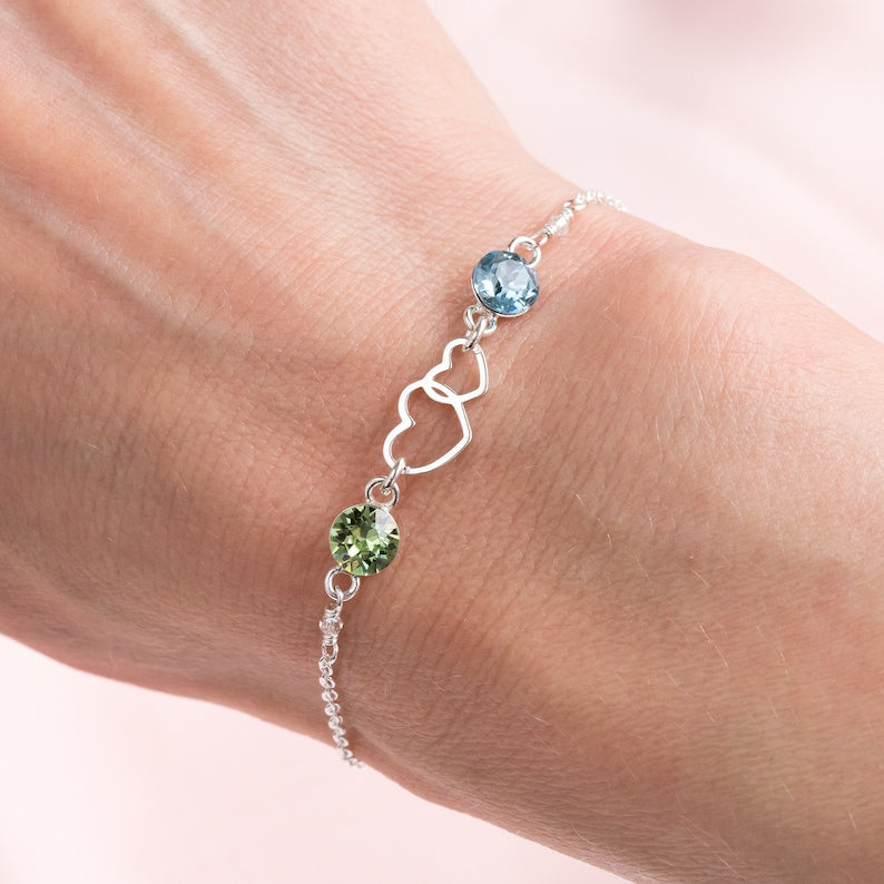 Bracelet double cœur et deux pierres de naissance 