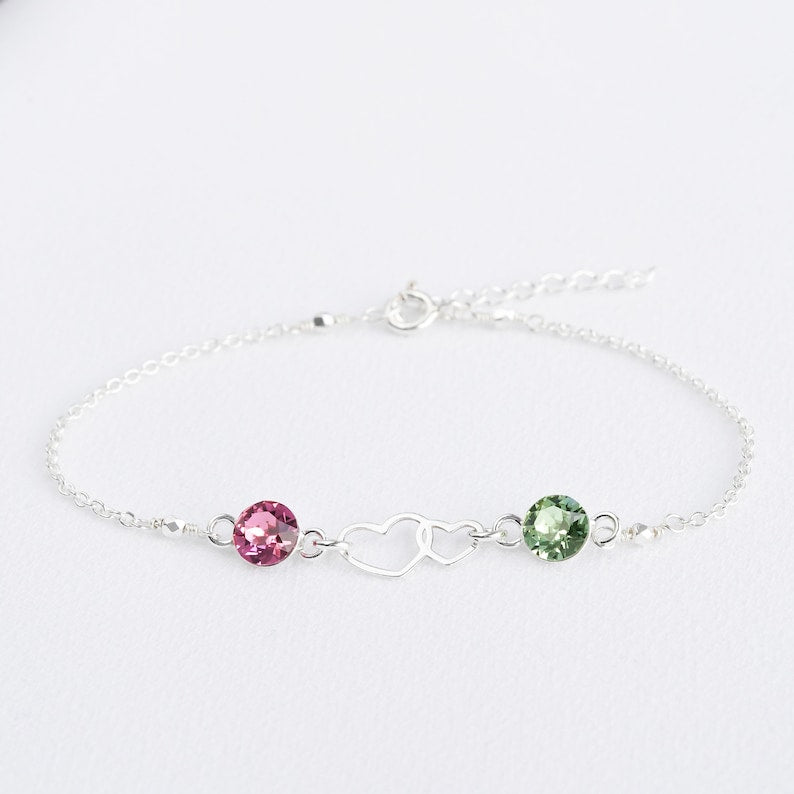 Bracelet double cœur et deux pierres de naissance 
