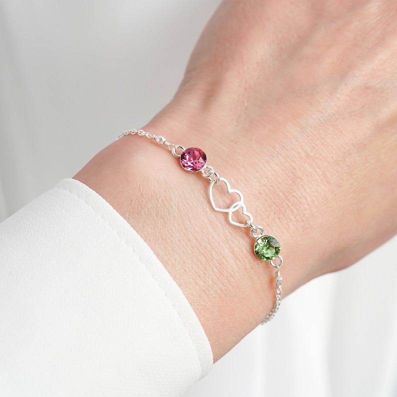 Bracelet double cœur et deux pierres de naissance 