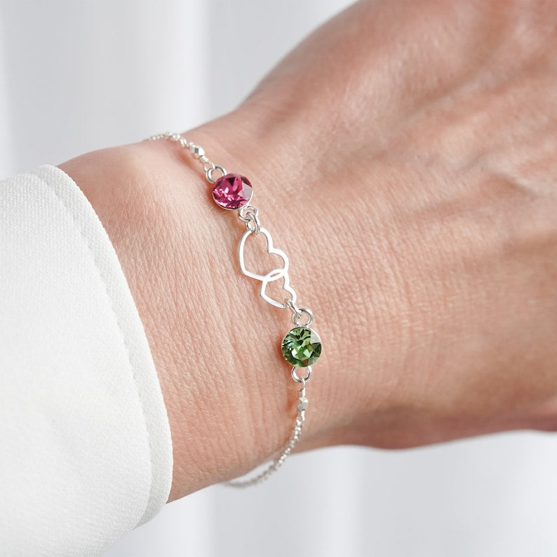 Bracelet double cœur et deux pierres de naissance 