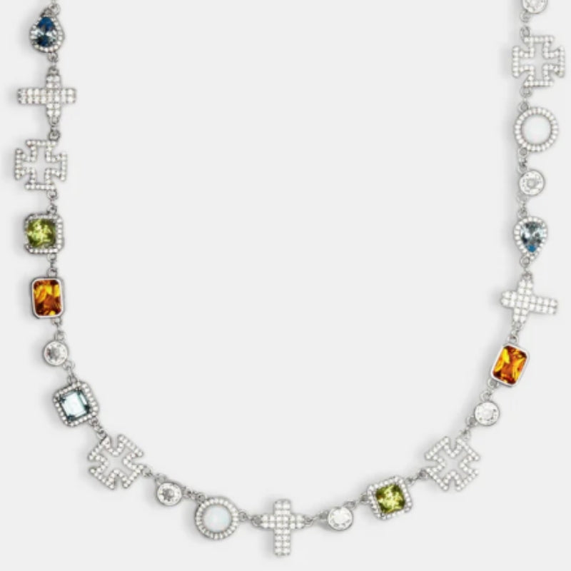 Chaîne multi-pierres blanches et croix 