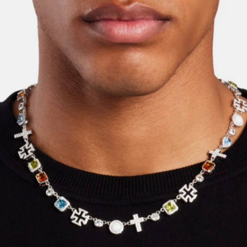 Chaîne multi-pierres blanches et croix 